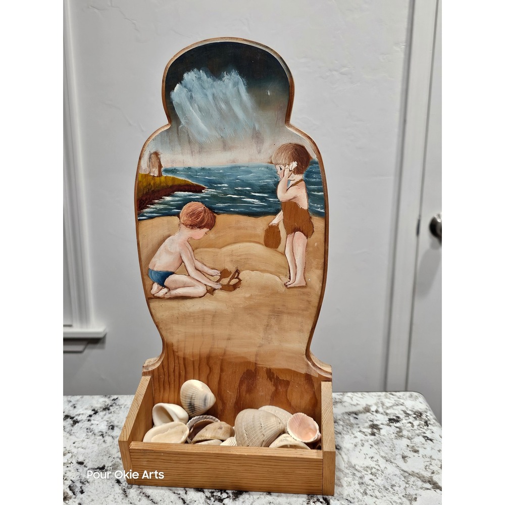 VTG Handmade Painted Wood Hanging Shelf Beach Children Seashells Decor Ocean